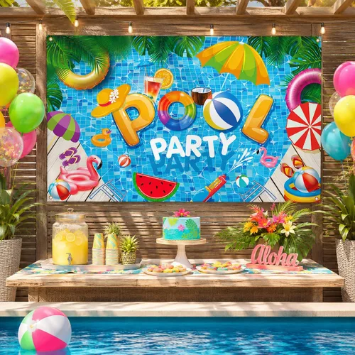Vista 8 de Decoraciones de fiesta de verano en la playa, pancarta de fondo para fiesta de piscina de verano, suministros de decoración de fiesta de piscina, 72