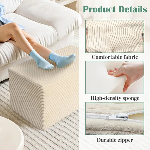 Vista 3 de Otomano Rectangular de Puf, Puf de Piso Relleno con Relleno de Espuma en Trozos, Reposapiés Suave de Felpa Coral en Forma de Raya Ancha, Otomano