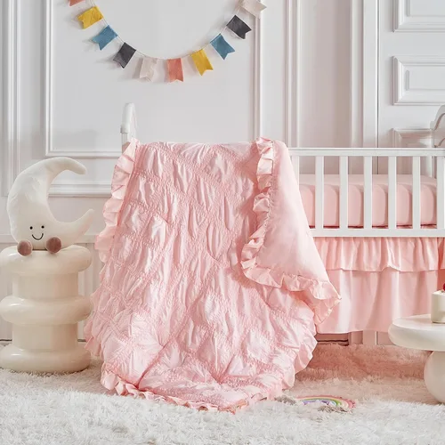 Vista 15 de Juego de ropa de cama para cuna con volantes, edredón acolchado boho para bebé con sábana ajustable y falda de cama - Ropa de cama con volantes