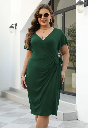 Vista 2 de Nemidor NEM389 - Vestido cruzado de imitación fruncido con mangas con volantes, vestido de trabajo para fiesta, talla extragrande
