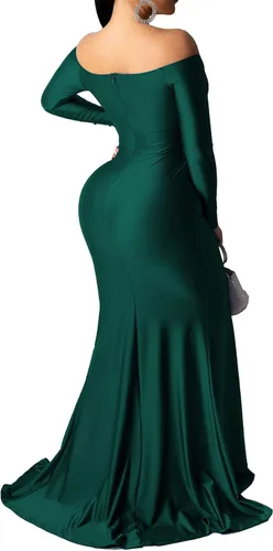 Vista 2 de Vakkest - Vestido largo de verano para mujer con hombros descubiertos sexy cuello en V manga larga vestido de cóctel sirena y boda