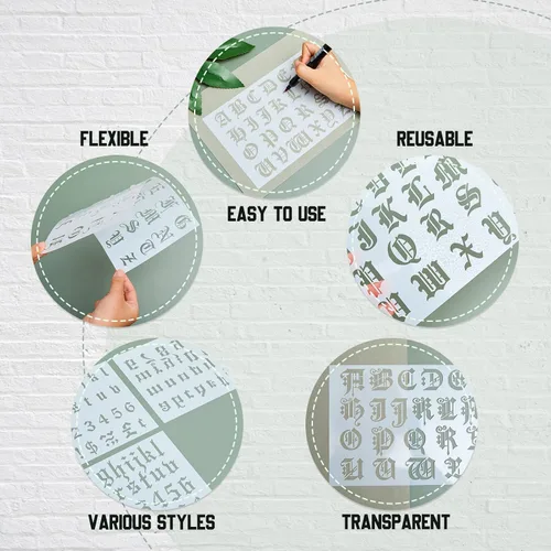 Vista 3 de Outus 8 Piezas Plantillas de Letras Inglés Antiguo Reutilizables Plástico Caligrafía Letras y Números Plantillas Manualidades Fuente Gótica Alfabeto