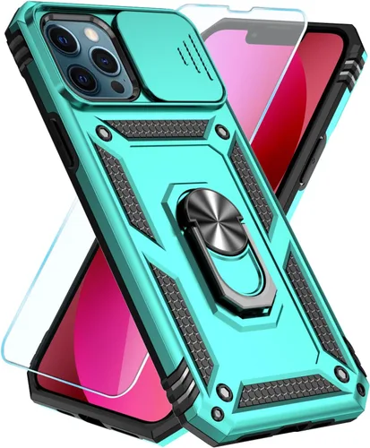Vista 4 de SunStory Funda compatible con iPhone 12 Pro Max con protector de pantalla HD, cubierta de cámara deslizante y soporte de anillo giratorio