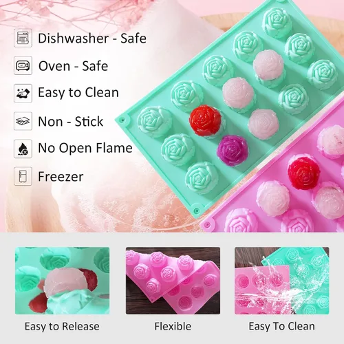 Vista 5 de 2 piezas de molde de rosa de silicona, moldes de jabón antiadherentes, moldes de flores resistentes al calor reutilizables de silicona para hacer
