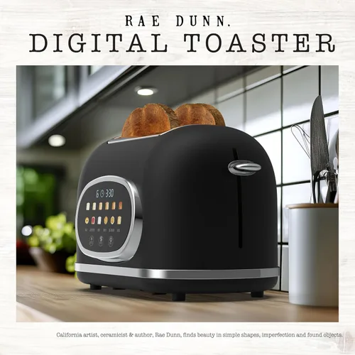 Vista 4 de Rae Dunn Tostadora eléctrica digital retro, tostadora de acero inoxidable de 2 rebanadas con pantalla táctil, temporizador de cuenta regresiva, 6
