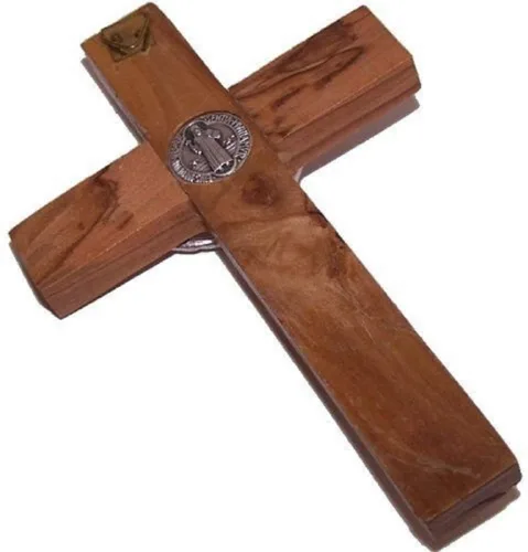 Vista 2 de Bethlehem Gifts TM Cruz de madera de olivo de Belén, tallada a mano, crucifijo (Crucifijo de Benedicto, 15 cm)