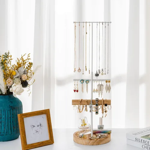 Vista 7 de Becko - Soporte de joyería de 4 niveles, organizador de platos para aretes, soporte para árbol de joyería, con bandeja para anillos de paulownia