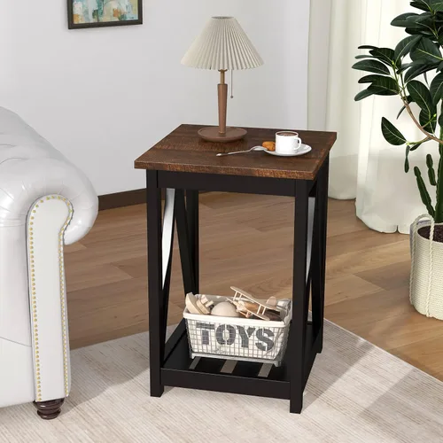 Vista 3 de ChooChoo - Mesa auxiliar estilo granja, mesa auxiliar rústica vintage con estante de almacenamiento para espacios pequeños, mesita de noche
