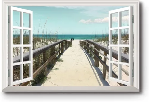 Vista 22 de Renditions Gallery Impresiones de pared de naturaleza para decoración de ventana para el hogar Inundado en la playa de arena, lienzo colgante