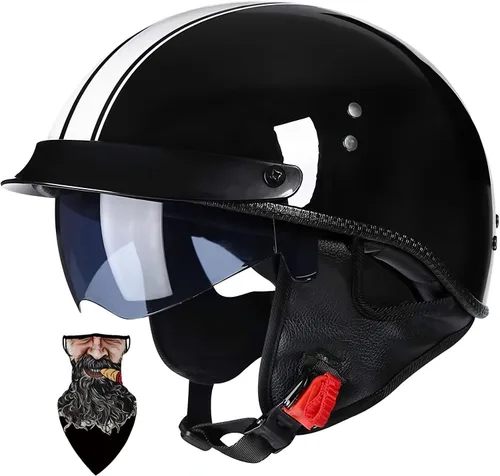 Vista 18 de Casco Moto Retro Vintage Jet Medio para Hombre y Mujer Adultos, DOT Homologado, Ventilación Dual, Visera Retráctil y Desmontable, Apto para Patinete