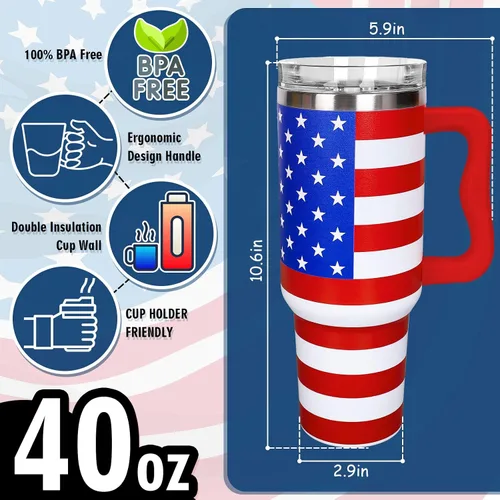 Vista 2 de Whaline Vaso patriótico del 4 de julio de 40 oz con asa, pajita y tapa, estrellas y rayas en rojo, azul y bandera de EE. UU., vaso de viaje del día