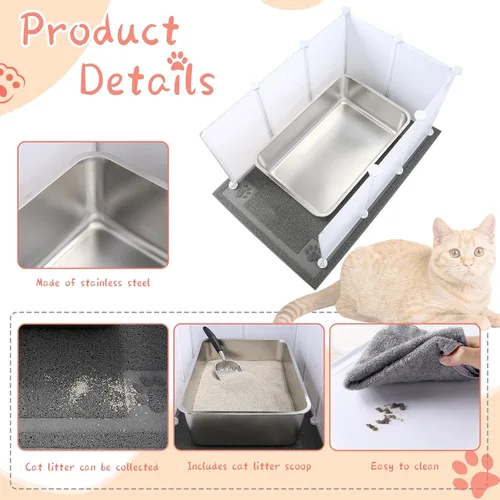 Vista 3 de Juego de 2 cajas de arena gigantes extra grandes de acero inoxidable para gatos (24 x 16 x 6 pulgadas) con 2 cucharas de arena de metal para gatos