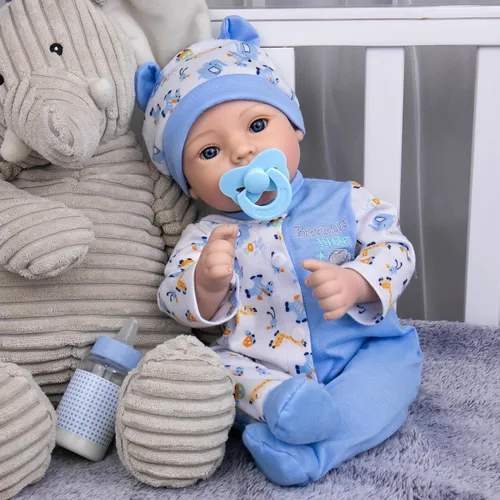 Vista 2 de Aori Reborn Baby Dolls Boy - Muñeca realista de bebé recién nacido de 18'' con juego de alimentación azul y certificado de nacimiento - Cuerpo