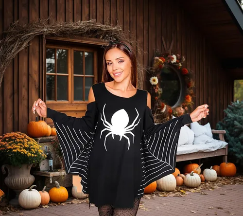 Vista 4 de ZANLER Disfraz de araña de 3 piezas para mujer, Halloween, diadema negra, capa de araña, vestido de Halloween, tela de araña, medias largas hasta