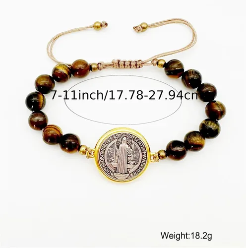 Vista 7 de 2 piezas Pulsera de San Benito Pulsera de Ojo de Tigre Medalla de San Benito Católica Medalla de San Benito