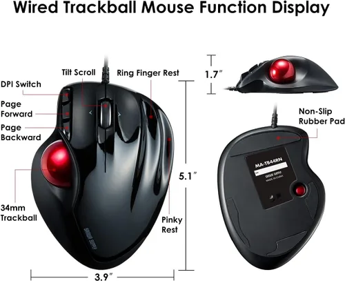 Vista 8 de SANWA Ratón ergonómico con cable, ratón de bola rodante programable, desplazamiento inclinable, 400/800/1200/1600 DPI, trackball de computadora