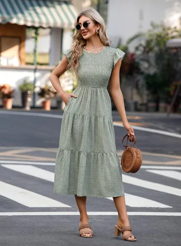 Vista 3 de Hount Vestido midi casual para mujer, manga corta, cintura elástica, vestido fruncido escalonado con bolsillos