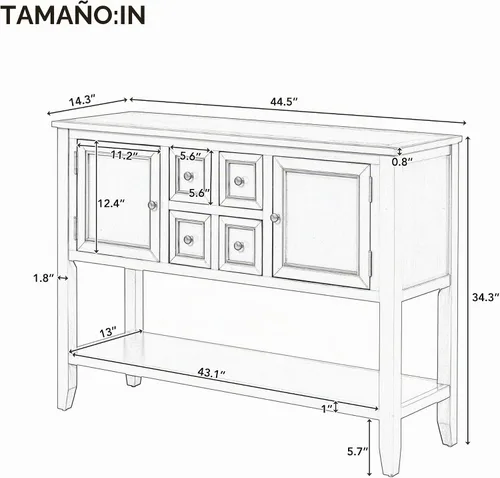 Vista 2 de Merax Mesa de buffet de madera con estante de almacenamiento, 2 cajones y armarios, gabinete de barra de café para sala de estar, comedor, cocina