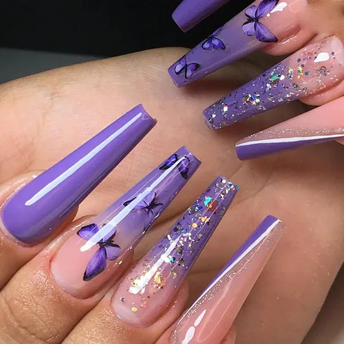 Vista 15 de Uñas postizas a presión de longitud cuadrada larga, cobertura completa, reutilizables, uñas postizas de bailarina, uñas adhesivas con diseños
