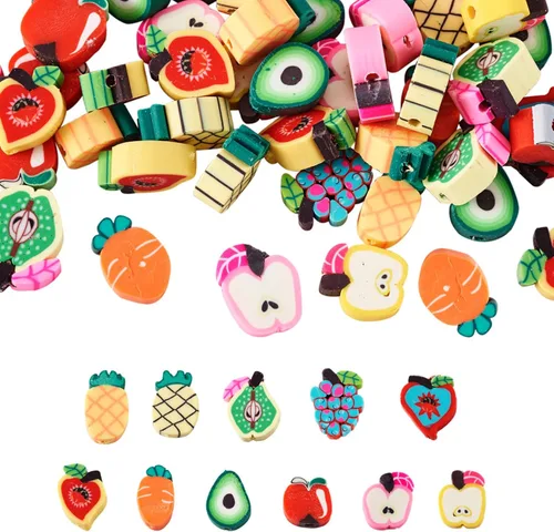 Vista 12 de Cuentas de arcilla polimérica hechas a mano con forma de fruta mixta, cuentas sueltas de color mixto, cuentas espaciadoras para hacer joyas