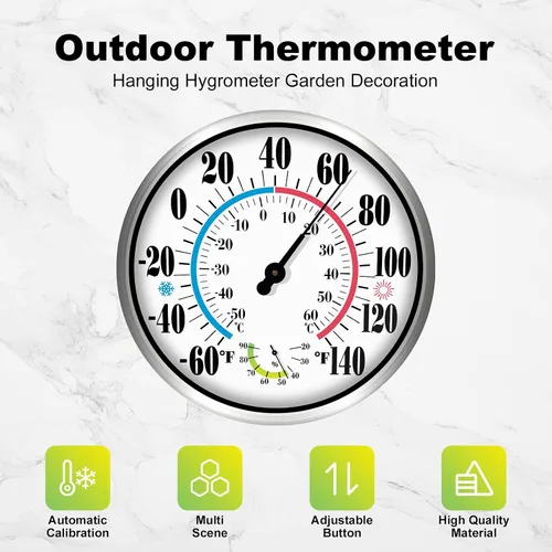 Vista 5 de Termómetro para interiores y exteriores, termómetros para patio, números grandes, 12 pulgadas, resistente a la intemperie, sin batería, termómetro
