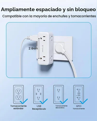 Vista 6 de TROND Extensor de toma de corriente con enchufe giratorio 360, divisor de enchufe de 3 vías con 6 enchufes a tierra, protector de sobretensiones