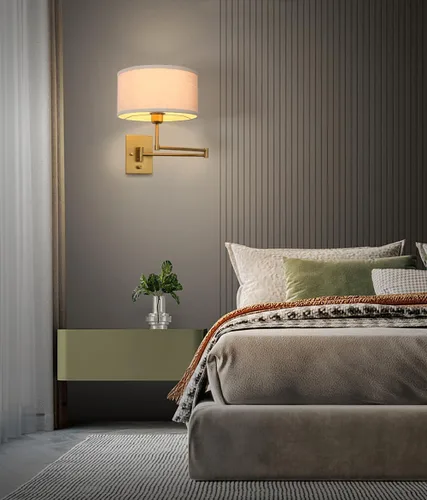 Vista 5 de Aplique de pared de tela textil de lino vintage Swing Arm, Adjustable, with on/Off Switch, Brass Gold Wall Mounted Lamp, Reading Light Fixture for