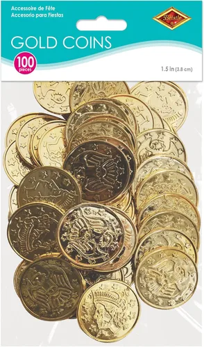 Vista 5 de Beistle 100 monedas de plástico dorado pirata en relieve, suministros temáticos occidentales, recuerdos de fiesta de casino, 1.5 pulgadas Embossed