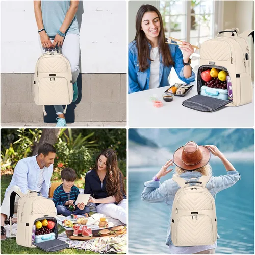 Vista 6 de Mochila de almuerzo para mujer, resistente al agua, bolsa de almuerzo aislada, mochilas para laptop de 15.6 pulgadas con puerto USB, mochila