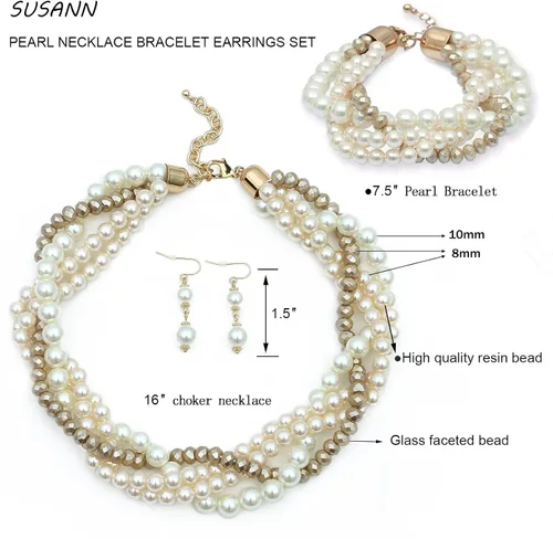 Vista 6 de S SUSANN Juego de collar de perlas de imitación, collar de perlas de imitación y aretes, buen regalo para mujeres