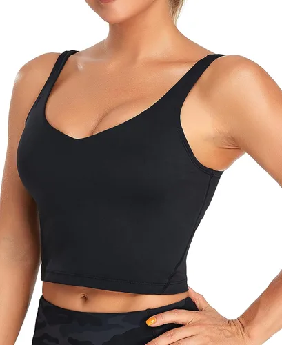 Vista 4 de Oalka - Brasier deportivo para mujer, brasier de yoga tipo ombliguera, acolchada y de longitud total, brasier para entrenar y fitness