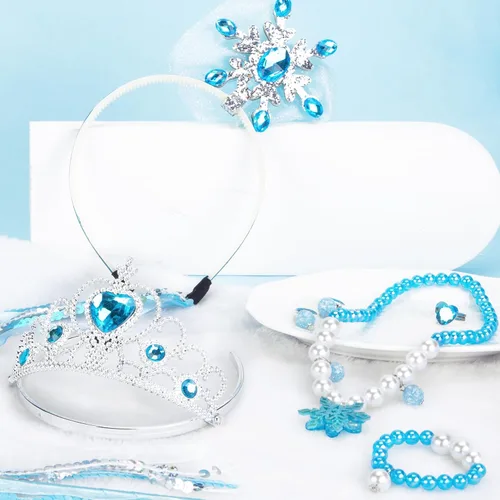 Vista 6 de Shindel 8 accesorios de disfraz de princesa, corona de princesa, guantes, collar, aretes, banda para el cabello, disfraz de cosplay para niñas
