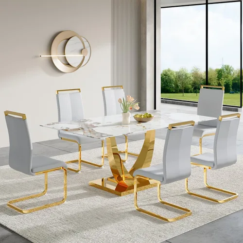 Vista 32 de Juego de mesa de comedor para 4, mesa de comedor de mármol sintético de 63 pulgadas con patas y base de acero inoxidable, sillas acolchadas