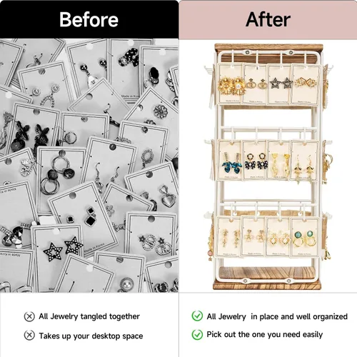Vista 8 de Yoimori Organizador de aretes, organizador de almacenamiento de aretes con base de madera, 48 ganchos para mujeres y niñas, organizador de joyas