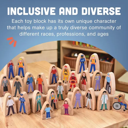 Vista 4 de Constructive Playthings Wooden Community Helpers - Juego de figuras de juguete de madera de 25 piezas, figuras de juguete de madera independientes