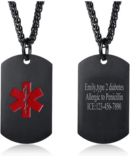 Vista 78 de VNOX Collar con colgante personalizado de acero inoxidable con grabado personalizado para identificación de alerta médica de emergencia para hombres