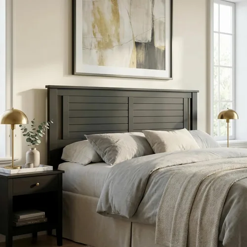 Vista 32 de ComfIQ Serene - Cabecera de madera de álamo tamaño completo en negro, panel de granja moderno con ranurado en chevron, estilo costero casual, fácil