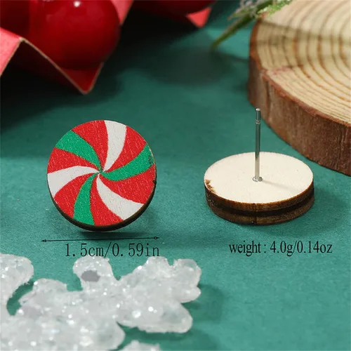 Vista 8 de Aretes de tuerca de Navidad para mujeres y niñas, hechos a mano, de madera, pan de jengibre, árbol de menta, bastón de caramelo, aretes