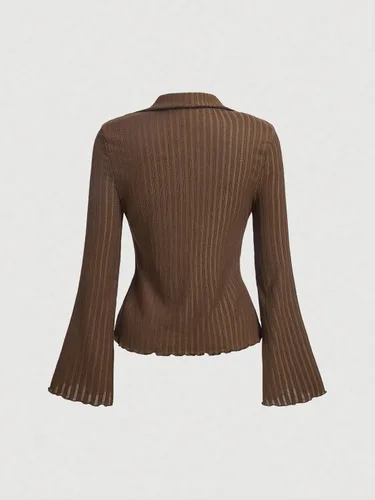Vista 3 de SOLY HUX Camiseta de manga larga con cuello en V y botones para mujer