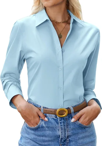 Vista 12 de siliteelon Camisa con botones para mujer: camisa de vestir con cuello de manga larga de algodón con botones, blusa de trabajo y oficina