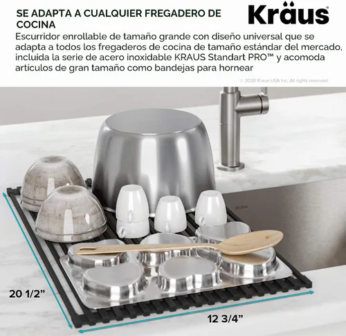 Vista 4 de Kraus Escurreplatos multiusos enrollable para encima del fregadero, con colador y esterilla en negro, KRM-10BLACK