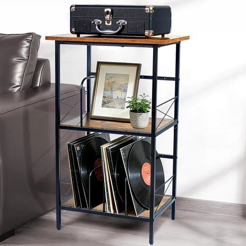 Vista 8 de Soporte para tocadiscos con 4 divisores ajustables, almacenamiento de discos de vinilo con capacidad para 200 LPs, mesa auxiliar de 3 capas, mesa
