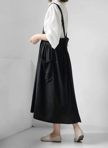 Vista 2 de Delantal japonés de lino de algodón con espalda cruzada para mujer con bolsillos Negro (agrandar y alargar)