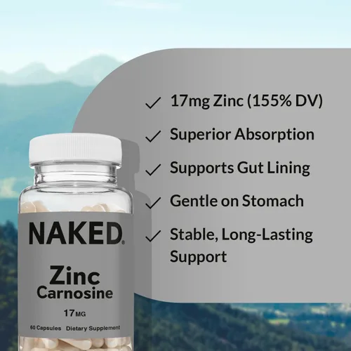 Vista 4 de Naked Zinc Carnosine - Suplemento para el revestimiento intestinal, función inmune y apoyo estomacal, vegano, sin gluten, 17 mg - 60 cápsulas