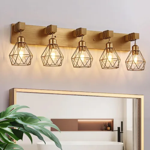Vista 8 de Lámparas blancas para tocador de baño, luminarias de baño de madera de 2 luces sobre el espejo, apliques rústicos de pared con elegante pantalla