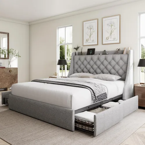 Vista 10 de GalnFu Marco de cama de tamaño completo con 4 cajones de almacenamiento, cabecera tapizada grande tipo wingback, estación de carga rápida,