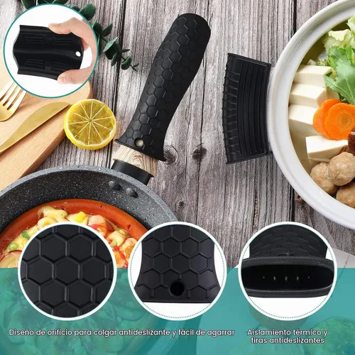 Vista 3 de Patelai Juego de 8 piezas de soportes para ollas de silicona, cubierta para mango de hierro fundido, resistente al calor, soportes para mango