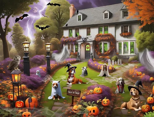 Vista 2 de Rompecabezas espeluznante de 1000 piezas de perros en una casa encantada de Halloween