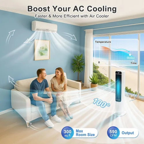 Vista 8 de Enfriador de aire evaporativo portátil, ventilador de torre de enfriamiento de pantano 2 en 1 con control remoto, 4 paquetes de hielo, oscilación