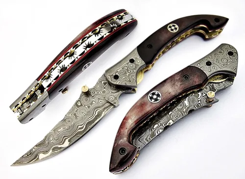 Vista 3 de FZ 01 Cuchillo de bolsillo de Damasco hecho a mano para hombres Cuchillo plegable con bloqueo de forro Cuchillo de bushcraft para pesca Camping